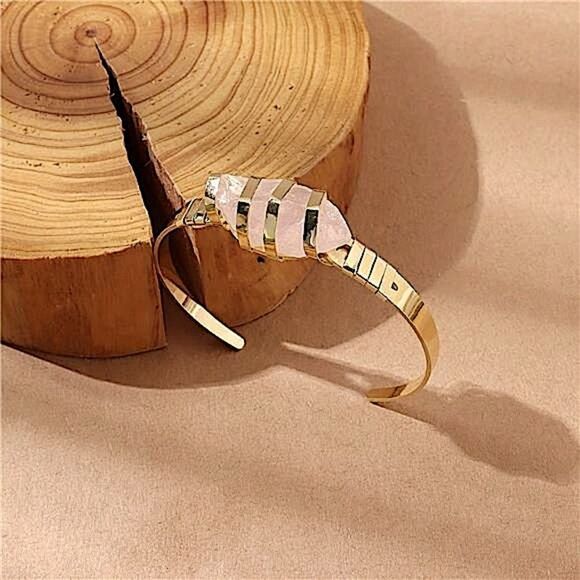 Artisan Free Spirit Unique Pink Stone Cuff Bracelet Minimalist Gold Tone Jewelry - Picture 5 of 8